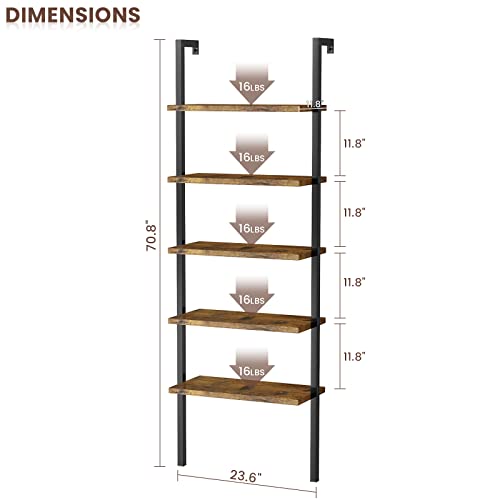 AWQM 2PCS Ladder Bookshelf, 5-Tier Bookcase Wall Mounted Bookshelf with Metal Frame,Modern Ladder Shelf Bookcase Wall Shelves Open Display Storage Shelves for Home, Office,Black & Walnut