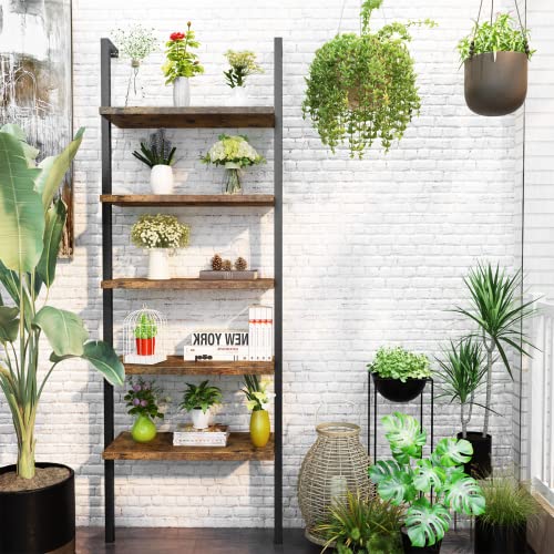 AWQM 2PCS Ladder Bookshelf, 5-Tier Bookcase Wall Mounted Bookshelf with Metal Frame,Modern Ladder Shelf Bookcase Wall Shelves Open Display Storage Shelves for Home, Office,Black & Walnut