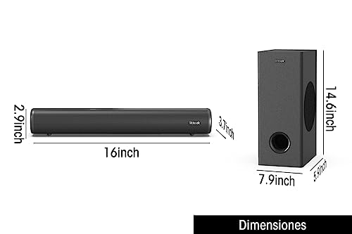 littoak 2.1 Sound Bar with Subwoofer for TV, Deep Bass Small Soundbar TV Speaker Home Theater Surround Sound System, HDMI/Bluetooth/Optical/Aux Connection, 16 Inch