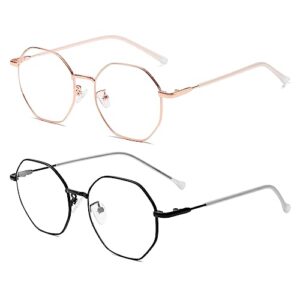 jovakit polygon blue light blocking glasses for women men vintage octagon square non-prescription metal eyeglasses (rose gold+black)