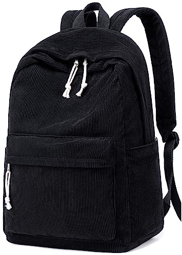 School Backpack for Teens Large Corduroy Bookbag Lightweight 17 inch Laptop Bag for Girls Boys Casual High School College (Corduroy-Black)