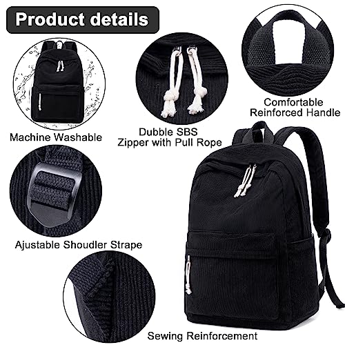 School Backpack for Teens Large Corduroy Bookbag Lightweight 17 inch Laptop Bag for Girls Boys Casual High School College (Corduroy-Black)