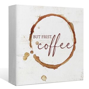 but first coffee wood box sign desk decor,rustic coffee stains wooden block sign decorations for home kitchen office cafe coffee bar man cave wall tabletop shelf decor,gifts for coffee lovers