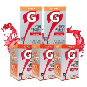 gatorade thirst quencher powder sticks, fruit punch, 1.23oz gatorade powder packets with electrolytes (5 packs of 10, total of 50pcs)