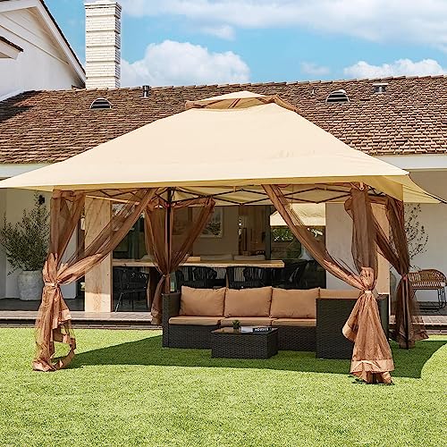 BELLEZE 13x13Ft Gazebo, Pop Up Gazebo Double Roof Outdoor Canopy w/Mosquito Netting, Stable Steel Frame and Carry Bag, Height Adjustable Patio Gazebo for Backyard, Garden, Lawn