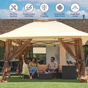 BELLEZE 13x13Ft Gazebo, Pop Up Gazebo Double Roof Outdoor Canopy w/Mosquito Netting, Stable Steel Frame and Carry Bag, Height Adjustable Patio Gazebo for Backyard, Garden, Lawn