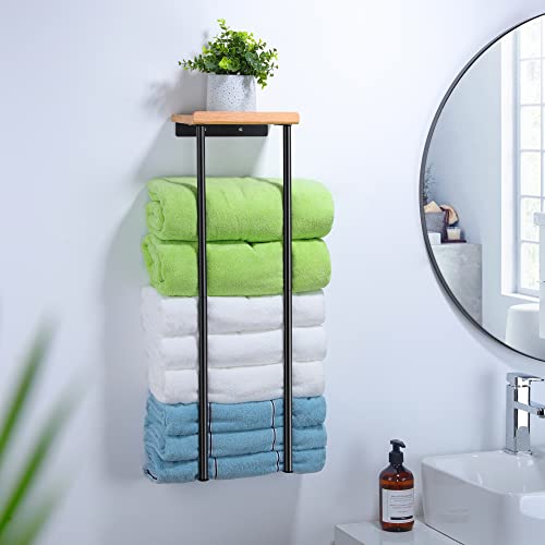 Towel Racks for Bathroom Wall Mounted - KEGII Towel Rack with Wooden Shelf 28'' Bathroom Storage for Folding Large Towels, Bath Rolled Towels, Matte Black