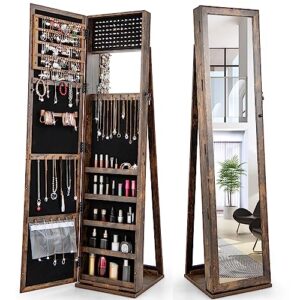 charmaid jewelry armoire with higher full length mirror, lockable jewelry cabinet organizer with large storage capacity, inside makeup mirror, stable base, easy assembly (rustic brown)