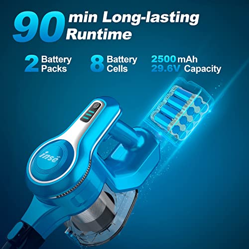 INSE Cordless Vacuum Cleaner, 28Kpa 300W Brushless Stick Vacuum with 2 Batteries, Up to 90min Runtime, 10-in-1 Powerful Rechargeable Lightweight Cordless Vacuum for Carpet Hard Floor Pet Hair, S6P Pro