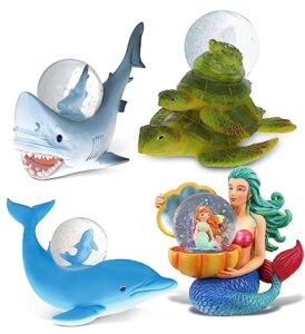 cota global shark, dolphin, sea turtle, mermaid snow globe set of 4 – ocean water globe figurines, collectible novelty ornament for home decor, gift for birthdays, christmas and valentine – 45mm