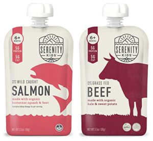 serenity kids surf & turf baby food pouches bundle | 6 each of wild caught salmon & grass fed beef (12 count)
