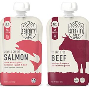 Serenity Kids Surf & Turf Baby Food Pouches Bundle | 6 Each of Wild Caught Salmon & Grass Fed Beef (12 Count)