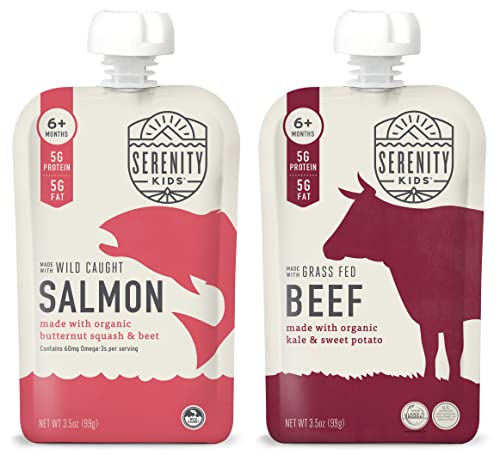 Serenity Kids Surf & Turf Baby Food Pouches Bundle | 6 Each of Wild Caught Salmon & Grass Fed Beef (12 Count)