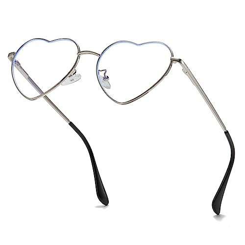 JOVAKIT Heart Shaped Blue Light Blocking Glasses for Women Fashion Vintage Lovely Style Metal Frame Eyeglasses (Silver)