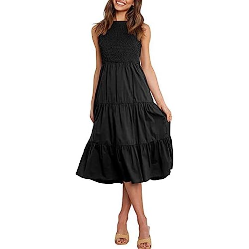 WEEBAG Summer Dresses for Women 2023 Beach Sleeveless Casual Sundress Crewneck Hawaiian Tshirt Dress A-Line Spring Tank Dress Black