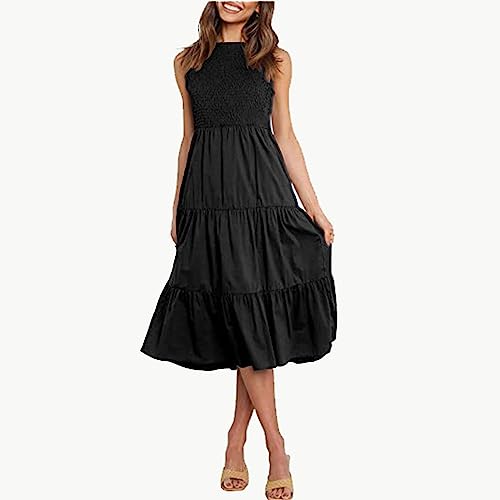 WEEBAG Summer Dresses for Women 2023 Beach Sleeveless Casual Sundress Crewneck Hawaiian Tshirt Dress A-Line Spring Tank Dress Black