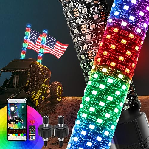 CO LIGHT Fat Spiral LED Whip Lights Thick Antenna 1FT Remote Control RGB Chasing/Dancing Light for UTV ATV 2PCS, APP-Supported 300 Colors & 200 Modes with Turn Signal, Brake Light, Reversing Light