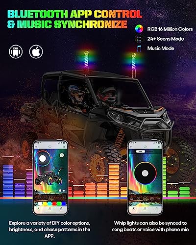 CO LIGHT Fat Spiral LED Whip Lights Thick Antenna 1FT Remote Control RGB Chasing/Dancing Light for UTV ATV 2PCS, APP-Supported 300 Colors & 200 Modes with Turn Signal, Brake Light, Reversing Light