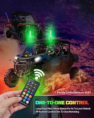 CO LIGHT Fat Spiral LED Whip Lights Thick Antenna 1FT Remote Control RGB Chasing/Dancing Light for UTV ATV 2PCS, APP-Supported 300 Colors & 200 Modes with Turn Signal, Brake Light, Reversing Light