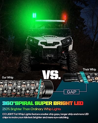 CO LIGHT Fat Spiral LED Whip Lights Thick Antenna 1FT Remote Control RGB Chasing/Dancing Light for UTV ATV 2PCS, APP-Supported 300 Colors & 200 Modes with Turn Signal, Brake Light, Reversing Light