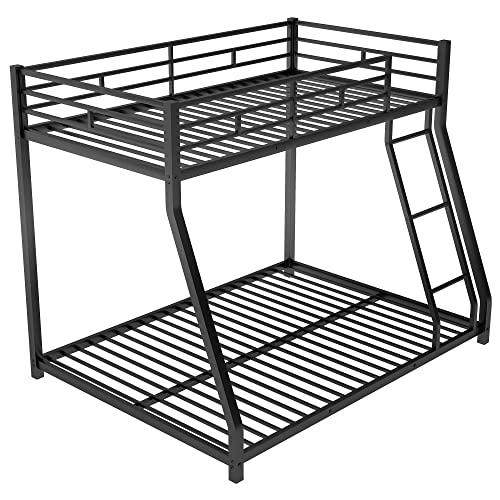 HAUSHECK Bunk Bed Twin Over Full Size, Heavy Duty Metal Bunk Beds with Ladder and Safety Guardrail, Floor Bed Frame for 2 or 3 Kids, Teens & Adults, No Box Spring Needed, Noise Free, Space Saving