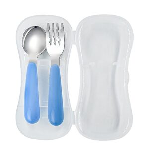 VANRA 2 Pieces Toddler Fork and Spoon Set with Travel Case 18/8 Stainless Steel Toddler Utensils Kids Silverware Children Flatware Child Cutlery Set for School Lunch Box (Blue)