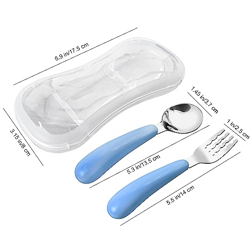 VANRA 2 Pieces Toddler Fork and Spoon Set with Travel Case 18/8 Stainless Steel Toddler Utensils Kids Silverware Children Flatware Child Cutlery Set for School Lunch Box (Blue)