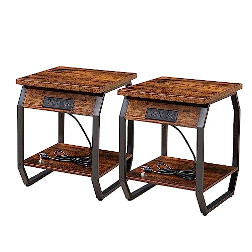 IRCPEN Side Table Set of 2, 17.3'' Square Bedside Table Nightstand Set W/Shelf, Vintage Small End Table with USB Port and Outlets for Small Spaces, Living Room, Bedroom (Brown)