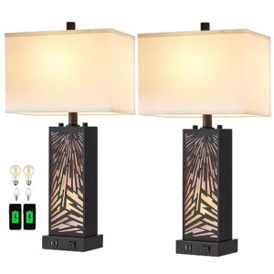 reyokale set of 2 modern table lamps for living room, vintage nightstand lamp with dual usb ports, contemporary night light desk lamps for bedroom bedside end table entryway, 4 bulbs included (black)