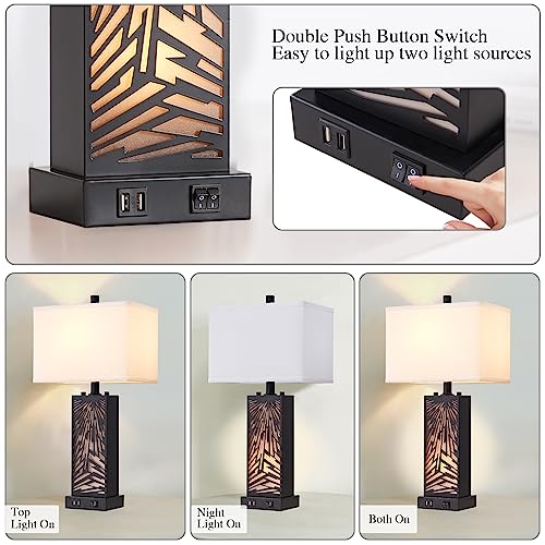 Reyokale Set of 2 Modern Table Lamps for Living Room, Vintage Nightstand Lamp with Dual USB Ports, Contemporary Night Light Desk Lamps for Bedroom Bedside End Table Entryway, 4 Bulbs Included (Black)