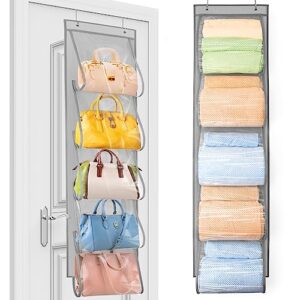 towel storage with 5 pockets, bath towel organizer for rolled towels large capacity over the door towel rack bathroom towel holder space saving for large towels/bathrobe/thin blanket, rv-grey