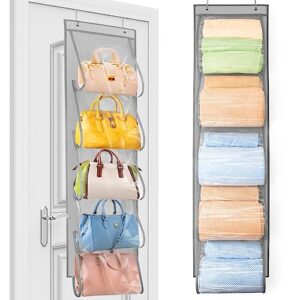 Towel Storage with 5 Pockets, Bath Towel Organizer for Rolled Towels Large Capacity Over The Door Towel Rack Bathroom Towel Holder Space Saving for Large Towels/Bathrobe/Thin Blanket, RV-Grey