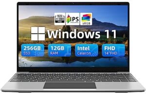 jumper laptop 12gb ddr4 256gb ssd, intel celeron quad core cpu, lightweight computer with 14 inch full hd display, windows 11 laptops, dual speakers, 2.4/5.0g wifi, 35.52wh battery, usb3.0, type-c.