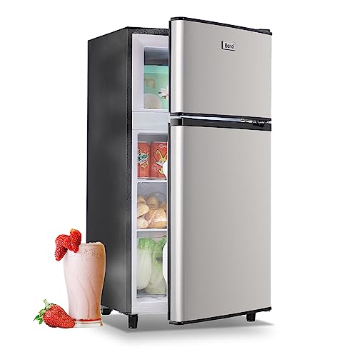 WANAI Mini Fridge with Freezer 3.5 Cu.Ft Double Door Compact Refrigerator with Freezer-on-Top Small Freestanding Fridge with 7 Level Adjustable Thermostat Bedroom Dorm Office, Kitchen Apartment Silver