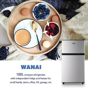 WANAI Mini Fridge with Freezer 3.5 Cu.Ft Double Door Compact Refrigerator with Freezer-on-Top Small Freestanding Fridge with 7 Level Adjustable Thermostat Bedroom Dorm Office, Kitchen Apartment Silver