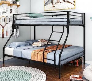 emkk twin over full metal bunk bed heavy duty bunk beds frame with side ladders convertible bunkbed with safety guard rails, metal bunk bed frame, no box spring needed