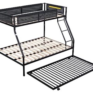 Oudiec Twin Over Full Metal Bunk Bed with Trundle & Guardrail for Dorm, Kids Bedroom, Sturdy Steel Bedframe with Ladder, Space Saving Design & No Box Spring Needed, Black