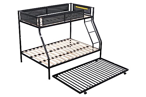 Oudiec Twin Over Full Metal Bunk Bed with Trundle & Guardrail for Dorm, Kids Bedroom, Sturdy Steel Bedframe with Ladder, Space Saving Design & No Box Spring Needed, Black