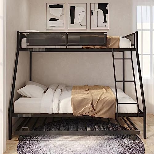 Oudiec Twin Over Full Metal Bunk Bed with Trundle & Guardrail for Dorm, Kids Bedroom, Sturdy Steel Bedframe with Ladder, Space Saving Design & No Box Spring Needed, Black