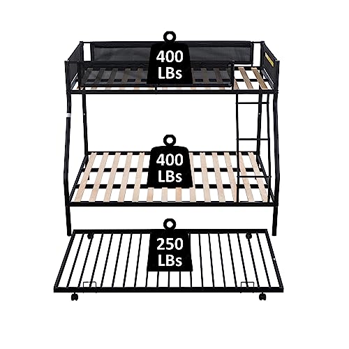 Oudiec Twin Over Full Metal Bunk Bed with Trundle & Guardrail for Dorm, Kids Bedroom, Sturdy Steel Bedframe with Ladder, Space Saving Design & No Box Spring Needed, Black