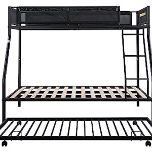 Oudiec Twin Over Full Metal Bunk Bed with Trundle & Guardrail for Dorm, Kids Bedroom, Sturdy Steel Bedframe with Ladder, Space Saving Design & No Box Spring Needed, Black