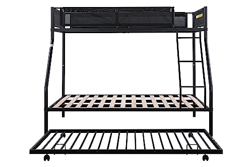 Oudiec Twin Over Full Metal Bunk Bed with Trundle & Guardrail for Dorm, Kids Bedroom, Sturdy Steel Bedframe with Ladder, Space Saving Design & No Box Spring Needed, Black