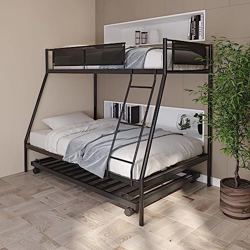 Oudiec Twin Over Full Metal Bunk Bed with Trundle & Guardrail for Dorm, Kids Bedroom, Sturdy Steel Bedframe with Ladder, Space Saving Design & No Box Spring Needed, Black