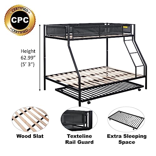 Oudiec Twin Over Full Metal Bunk Bed with Trundle & Guardrail for Dorm, Kids Bedroom, Sturdy Steel Bedframe with Ladder, Space Saving Design & No Box Spring Needed, Black