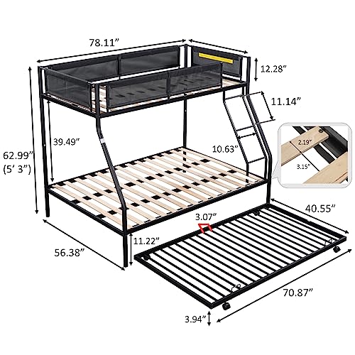 Oudiec Twin Over Full Metal Bunk Bed with Trundle & Guardrail for Dorm, Kids Bedroom, Sturdy Steel Bedframe with Ladder, Space Saving Design & No Box Spring Needed, Black