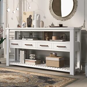 Vintage Multifunction Console Table,62.2'' Modern Sofa Table with 4 Drawers and 2 Storage Shelves,Wooden Buffet Sideboard for Hallway,Entryway,Bedroom,Living Room (White + 4 Drawers)