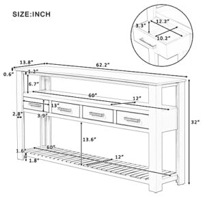 Vintage Multifunction Console Table,62.2'' Modern Sofa Table with 4 Drawers and 2 Storage Shelves,Wooden Buffet Sideboard for Hallway,Entryway,Bedroom,Living Room (White + 4 Drawers)