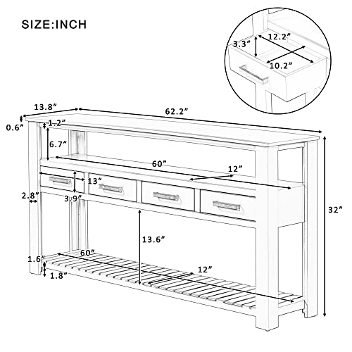 Vintage Multifunction Console Table,62.2'' Modern Sofa Table with 4 Drawers and 2 Storage Shelves,Wooden Buffet Sideboard for Hallway,Entryway,Bedroom,Living Room (White + 4 Drawers)