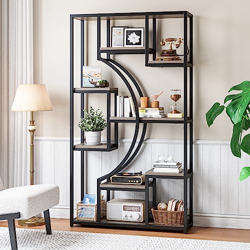 Etagere Bookcase, 70 Inch Tall Book Shelf with 9 Open Shelves, 40 inch Wide Industrial Wood Bookshelves with Metal Frame for Home Office Living Room and Bedroom, Gray Wash