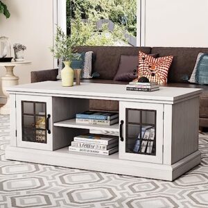 amerlife 47" rustic coffee table, farmhouse 2 shelves center table with glass door closed storage cabinet for living room, distressed white